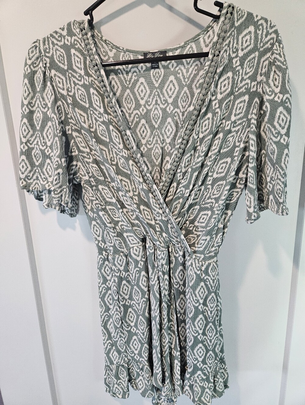 Lily Rose Sage Green Geometric Surplice Romper Medium